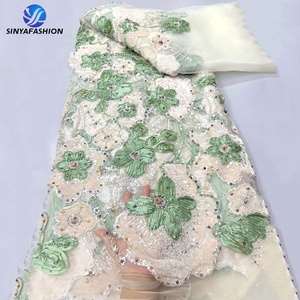 Tela <span class=keywords><strong>de</strong></span> encaje <span class=keywords><strong>de</strong></span> tul con bordado floral 3D Sinya, lentejuelas, cuentas, terciopelo, encaje africano Aso Ebi para vestido <span class=keywords><strong>de</strong></span> noche o boda. - Product Image 5