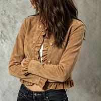 Blazer court en daim à volants personnalisé pour femme, boutonnage simple, boutons dorés, coupe ajustée, style vintage élégant, vêtement d'extérieur OEM