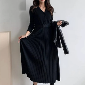 Robes longues en maille douce pour femmes, col en V, simple boutonnage, ceinturées, coupe trapèze, épaisses, pour l'automne, vente en gros d'usine, personnalisables, élégantes - Product Image 3