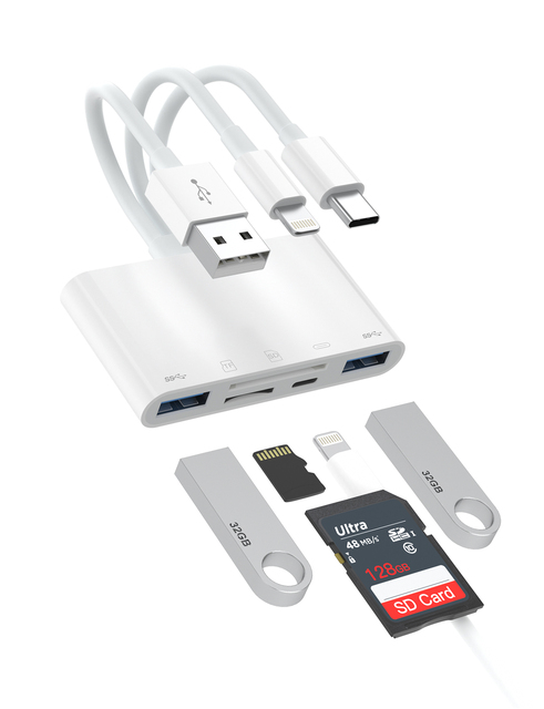 5-in-1 OTG SD/TF Card Reader 3-in-1 USB A/Light ning/USB C Hub 480Mbps Charging Data Adapter for iPhone iPad Android Laptop PC