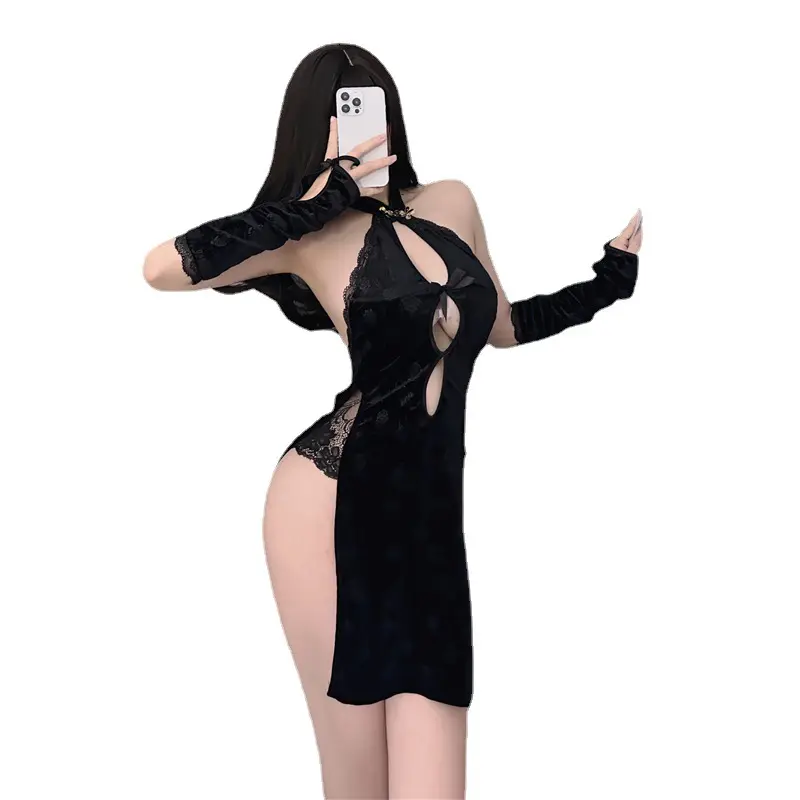 Rok Lingerie hitam berkualitas tinggi pakaian tidur wanita model perempuan populer Lingerie seksi belahan tinggi