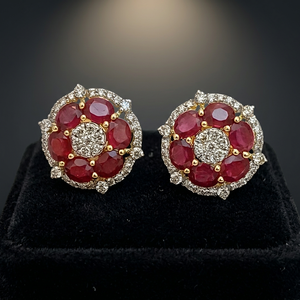 Boucles d'oreilles florales en or 14 carats avec rubis et diamants, bijoux en grappe de pierres ovales pour femme, cadeau de fête - Product Image 2
