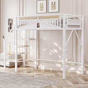 Lit mezzanine moderne avec échelle, garde-corps, cadre métallique, éléments décoratifs <span class=keywords><strong>de</strong></span> fenêtre, taille Twin XL, DNF (sans matelas) - Product Image 5