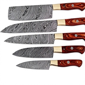 Juego de 5 Cuchillos de Acero de Damasco Hechos a Mano para Camping y Cocina, Hoja Recta, Mangos de Madera con Refuerzo de Latón, Personalizables OEM/ODM/OBM - Product Image 1