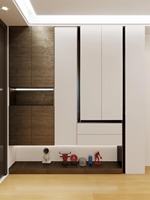 Meuble d'entrée de luxe léger à bords incurvés avec zone de rangement fermée pour ensemble de décoration de hall d'appartement en immeuble de grande hauteur