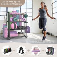 Support de Tapis de Yoga en Métal à Quatre Niveaux avec Roulettes et Poulies, Installation sans Perçage, Type au Sol, Minimaliste et Moderne pour Salle de Sport à Domicile et Haltères