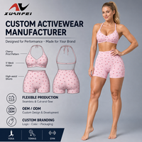 Ensemble de yoga 2 pièces rose imprimé cerises sans coutures pour femme, soutien-gorge froncé à col halter et short taille haute, logo personnalisé OEM ODM, pour la gym, le fitness et l'entraînement