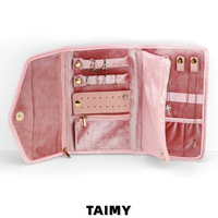 Organisateur de bijoux en velours, étui de voyage pliable avec rouleaux pour bagues, trous pour boucles d'oreilles, crochets pour colliers, pochette pour bracelets pour femmes