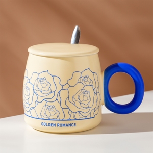 High Quality Golden Romance Rose Pattern 13oz Gift <b>Mug</b> <b>Ceramic</b> <b>Mugs</b> Coffee Cup With Lid and Spoon - Product Image 6