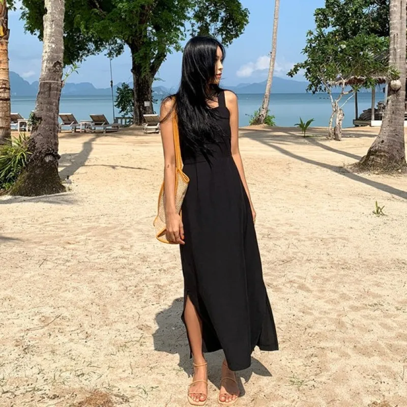 2022 Summer White Black Split Lace Up Maxi Dresses Sexy Holiday Beach Outfits Elegant Woman Backless Cotton Linen Dress Girls