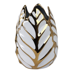 Vaso in Ceramica Moderno con Design a Foglia Scolpita, Oro e Bianco, Decorazione d'Arredo per Soggiorno, Camera da Letto, Tavolo, Ufficio, Mensola - Product Image 1