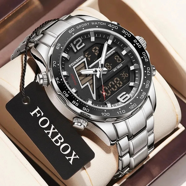 FOXBOX 0034 Luxury Men Quartz Watch Luminous LED Digital Watch Business Bracelet Sports Stopwatch Luminous Date Reloj Stainless