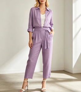 ALBBIA027 Ladies <b>Linen</b> <b>Two</b> <b>Piece</b> Set Long Sleeve Shirt High Waist Pants Solid Color Casual Summer Outfit Breathable Woven Fabric - Product Image 1