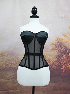 Top bustier chic sans bretelles en satin et résille, avec baleines, effet sculptant la taille, idéal pour les soirées, les rendez-vous et les fêtes - Product Image 1