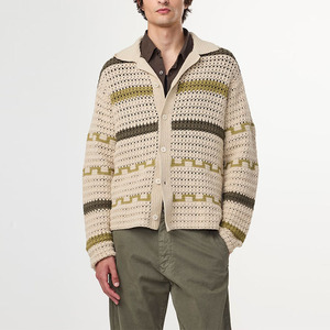 Chaqueta cárdigan textil <span class=keywords><strong>de</strong></span> <span class=keywords><strong>ganchillo</strong></span> calado a rayas para hombre <span class=keywords><strong>de</strong></span> otoño con cuello vuelto y botones, suéter <span class=keywords><strong>de</strong></span> punto - Product Image 1