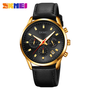 Skmei Men's Quartz Watch Chronograph Calendar Water Resistant Leather Strap Gold Case Black Dial - Product Image 1