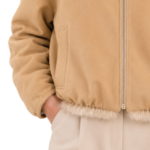Chaqueta Bomber de Ante Sintético Beige para <span class=keywords><strong>Mujer</strong></span> con Logotipo Personalizado, Cuello y Dobladillo Desmontables de Piel Sintética de Zorro, Cierre de Cremallera, Estilo Holgado y Corto, Abrigo de Invierno - Product Image 6