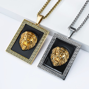 Stainless Steel Lion <b>Head</b> Pendant Necklace For Men Rectangular Black Frame Gold Lion Design Hip Hop <b>Style</b> Jewelry - Product Image 2