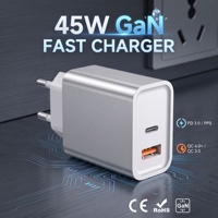 Chargeur rapide GaN HNT 45W avec prise UK/KR/EU/US/AU, adaptateur secteur de voyage ultra-compact double port Type-C PD 40W et USB-A QC 30W