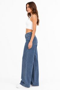 Jeans Denim a Vita Alta e Gamba Larga da Donna, Vestibilità Ampia, Lunghezza Intera, in Cotone Stonewashed, Pantaloni Casual Blu Tinta Unita, Stile Primaverile - Product Image 3