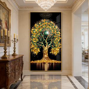 Tableau mural abstrait nordique grand format Feuille d'arbre dorée, Peinture moderne en porcelaine avec LED et cristaux, Meilleure vente, Décoration de salon et de maison - Product Image 5
