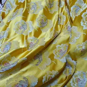 Elegant Yellow Peony Floral Painting Design 100 Polyester Satin Yarn Dyed Jacquard Brocade Fabric For Dress