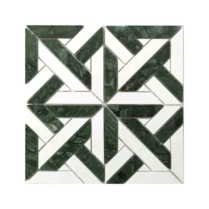 China Square Waterjet Green White Flag Pattern Marble Stone Mosaic Bathroom Floor And Wall Tiles