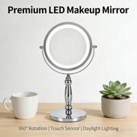 Miroir de maquillage à double face avec éclairage LED, finition chromée argentée Art Déco, commande tactile, grossissement 5X
