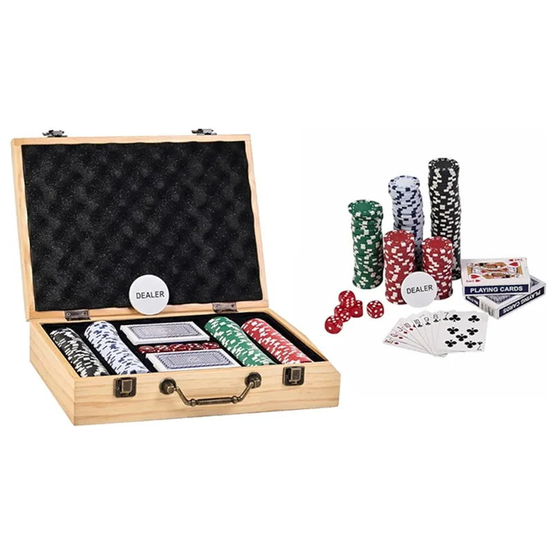 Promoción personalizada de alta calidad Color natural 200 piezas Casino Poker Chip Set Box con caja de madera de pino y tarjetas