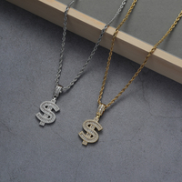 CN353 Pendentif en laiton plaqué or/argent 18 carats avec signe dollar, zircon scintillant et chaîne corde, collier hip-hop pour homme