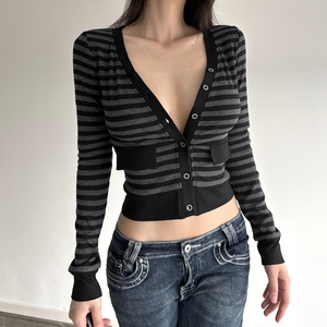 <b>Womens</b> Striped Color Block <b>V</b> <b>Neck</b> Button Front Cropped Long Sleeve Slim Fit Digital Printing <b>T</b> <b>Shirt</b> Streetwear Casual Top - Product Image 3