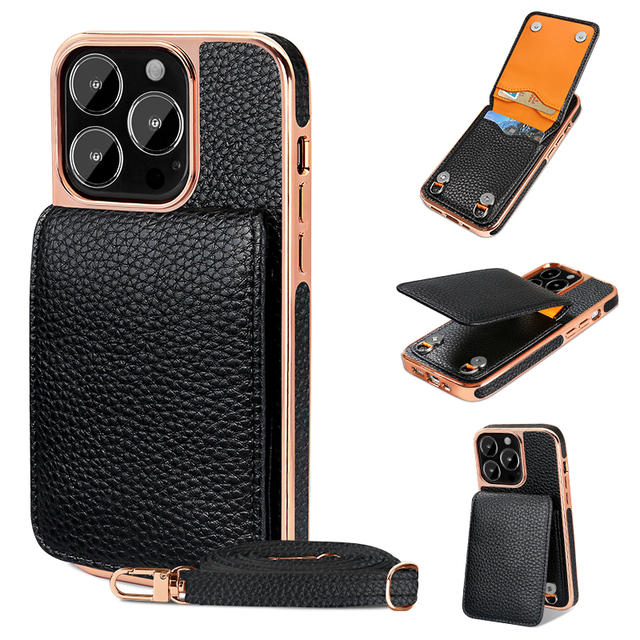 VIETAO Card Holder Phone Case with Crossbody Strap Lanyard Electroplate Rose Golden Frame PU Leather for 16 Pro Mobile Cover
