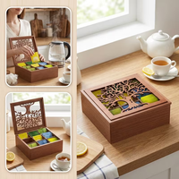 Boîte de rangement en bois sculpté ajouré, multi-compartiments, pour sachets de thé, avec couvercle à charnière, pour la maison et la cuisine