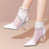 Bottes d'été pour femmes à talons aiguilles en maille à bout pointu avec motif floral, fermeture auto-agrippante, talons très hauts, légères et antidérapantes