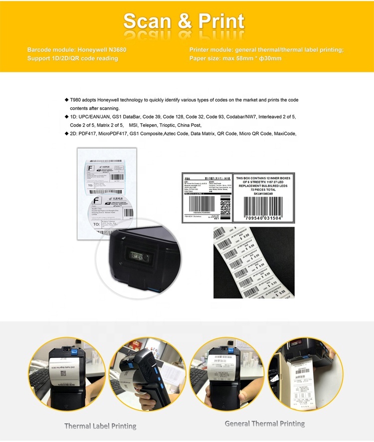 Multifuncionales integradas de impresión de NFC 2D 1D escáner de código de barras Android PDA T980