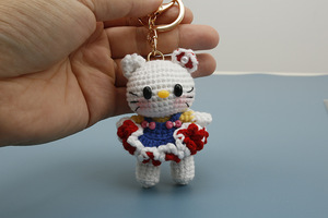 Porte-clés chat en crochet fait main avec nœud, chat blanc et brun avec nœud perlé, robe à volants, fermoir mousqueton doré, breloque <span class=keywords><strong>de</strong></span> sac - Product Image 6