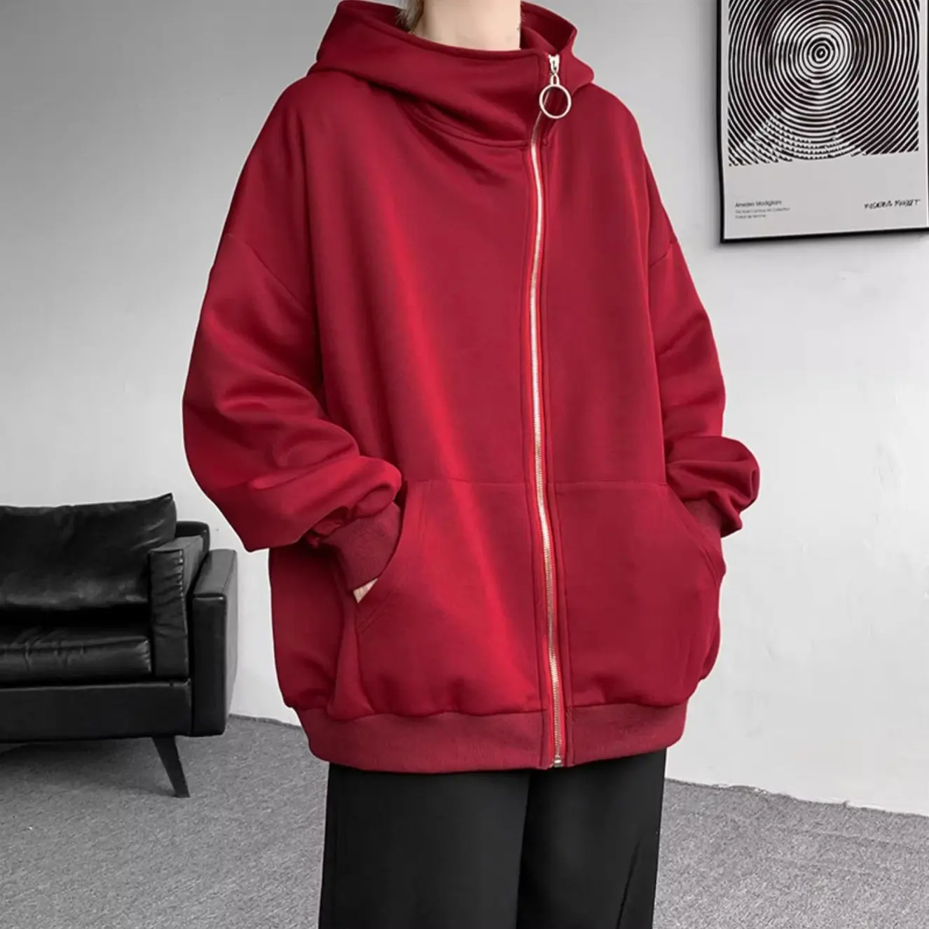 Tùy chỉnh trống Phễu cổ nặng trọng lượng bông quá khổ nghiêng Zip Up hoodie cho nam giới