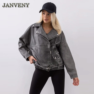 JANVENY 2024 nouveau printemps automne Faux <span class=keywords><strong>cuir</strong></span> veste ample femmes revers col à manches longues Locomotive Pu <span class=keywords><strong>Imitation</strong></span> <span class=keywords><strong>cuir</strong></span> <span class=keywords><strong>manteau</strong></span> - Product Image 3