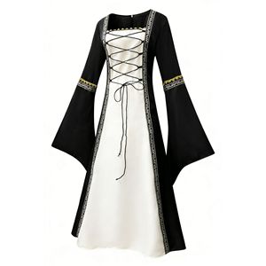 Vestido Medieval para Juego de Rol, Manga Larga, Línea A, Satén, Color en Contraste, Cuello Cuadrado, Cintura Ajustada, Disfraz para Fiesta - Product Image 5