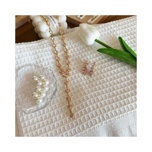 Coreano de lujo Rosa melocotón corazón diamante colgante collar circón tenis cadena gargantilla collares nupcial boda joyería conjuntos - Product Image 2