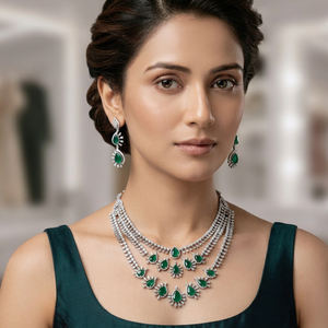 Ensemble de colliers superposés en laiton plaqué argent de luxe avec zircon ethnique pour femmes, bijoux pour mariage et fêtes - Product Image 1