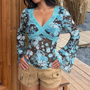 Retro Print Patchwork Lace <b>V</b> <b>Neck</b> Knit Top, Flare Sleeve Long Sleeve <b>Women's</b> <b>T</b> <b>Shirt</b>, Y2K Vintage Casual Fashion - Product Image 4