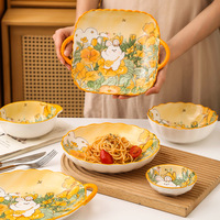 Bol à soupe en céramique à double poignée, motif lapin fleuri de dessin animé, assiette de table, plat à salade, plateau de cuisson, vente en gros