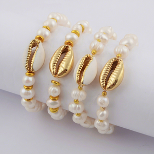 HD0074 placcato oro Reale naturale ciprea shell dei monili d'acqua dolce della perla del braccialetto della perla del braccialetto del branello per le donne - Product Image 1