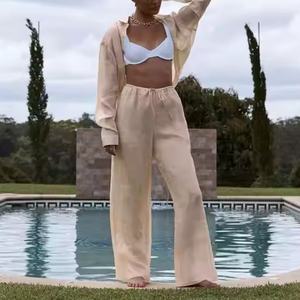 ชุดผ้าลินินคุณภาพสูงแบบลำลองพร้อมโลโก้ OEM ตามสั่ง เสื้อเชิ้ตผ้าลินินติดกระดุมทรงหลวม กางเกงขายาวเอวสูงทรงหลวม ชุดผ้าลินิน - Product Image 2