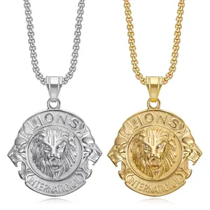 Colar de pingente de ouro e prata para homens, joia de aço inoxidável com cabeça de leão, moda de preço de atacado