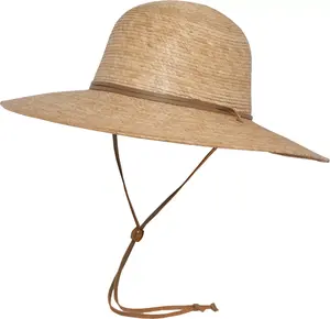 Topi pantai musim panas wanita klasik, topi jerami warna alami tepi lebar