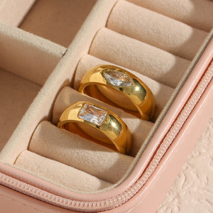 Stainless Steel 18K Gold Plated Chunky Band <b>Finger</b> <b>Ring</b> Inlaid Rectangle Oval Zircon Minimalist Trendy Statement <b>Ring</b> For Women - Product Image 6