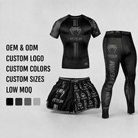 Ensemble MMA 3 pièces : Rashguard, Short de combat et Pantalon de compression gris effet usé. Logo personnalisé, OEM, ODM, faible MOQ, direct usine.