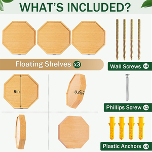 6 inch gỗ tự nhiên treo tường kệ gỗ bát giác nổi kệ gỗ keo Bộ 3 kệ nổi nhỏ mộc mạc - Product Image 3